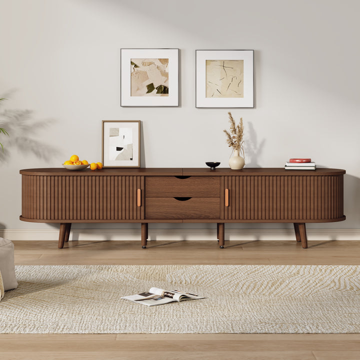 Long oval TV stand retro wooden look with 2 sliding doors 2 drawers HORSETAILJOINT