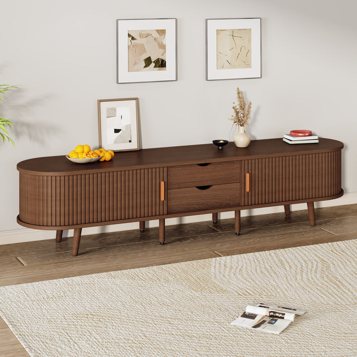 Long oval TV stand retro wooden look with 2 sliding doors 2 drawers HORSETAILJOINT