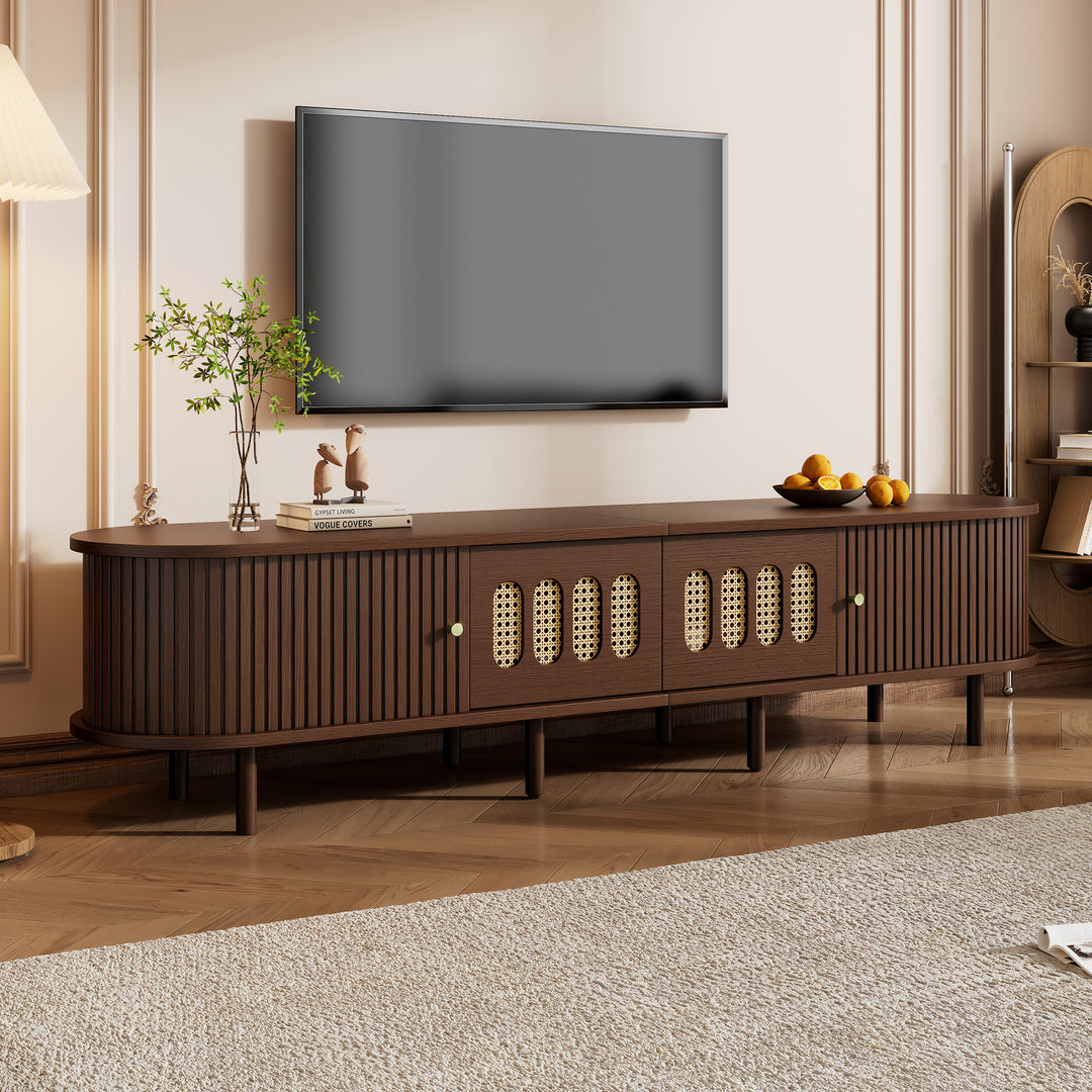 Walnut Oval TV Stand with 2 Drawers and 2 Tambour Doors with Rattan 180cm VANITYPLUS