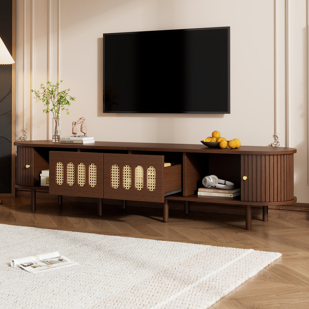 Walnut Oval TV Stand with 2 Drawers and 2 Tambour Doors with Rattan 180cm VANITYPLUS