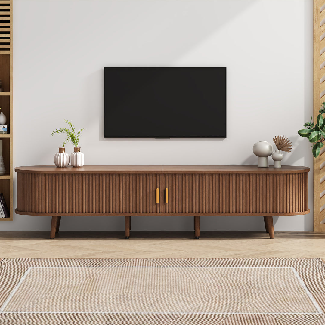 Long oval TV stand retro wooden look with 2 sliding doors 2 drawers HORSETAILJOINT
