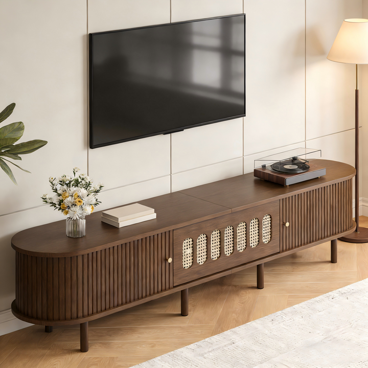 Retro Walnut TV Stand with Rattan-Look and Roll-Up Doors 180 cm VANITYPLACE