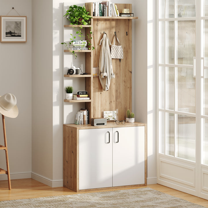 Wooden entryway wardrobes with coat hooks and shoe storage shelves ELYSIUMIS