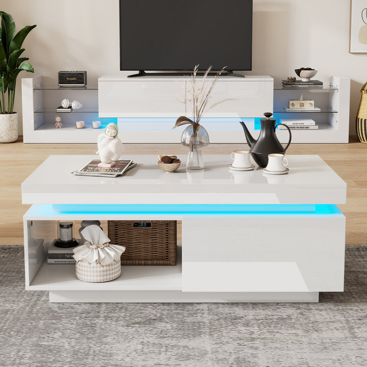 White high gloss coffee table with LED lights and storage 100 x 50 x 40 cm MAGNETOTAIL UK
