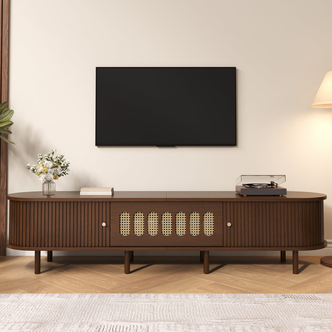 Retro Walnut TV Stand with Rattan-Look and Roll-Up Doors 180 cm VANITYPLACE