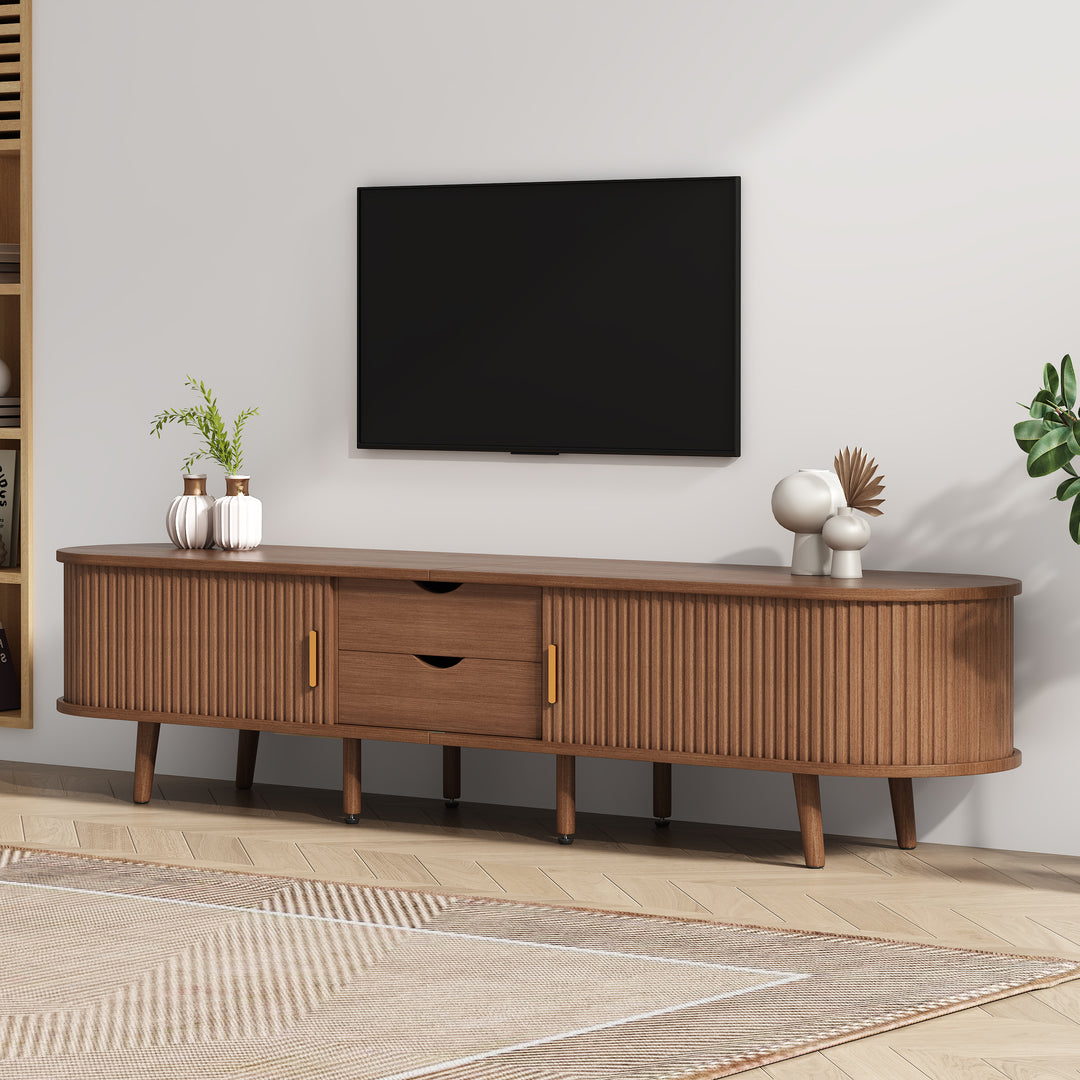 Long oval TV stand retro wooden look with 2 sliding doors 2 drawers HORSETAILJOINT
