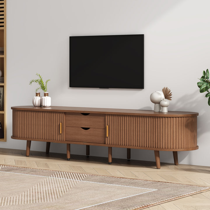 Long oval TV stand retro wooden look with 2 sliding doors 2 drawers HORSETAILJOINT