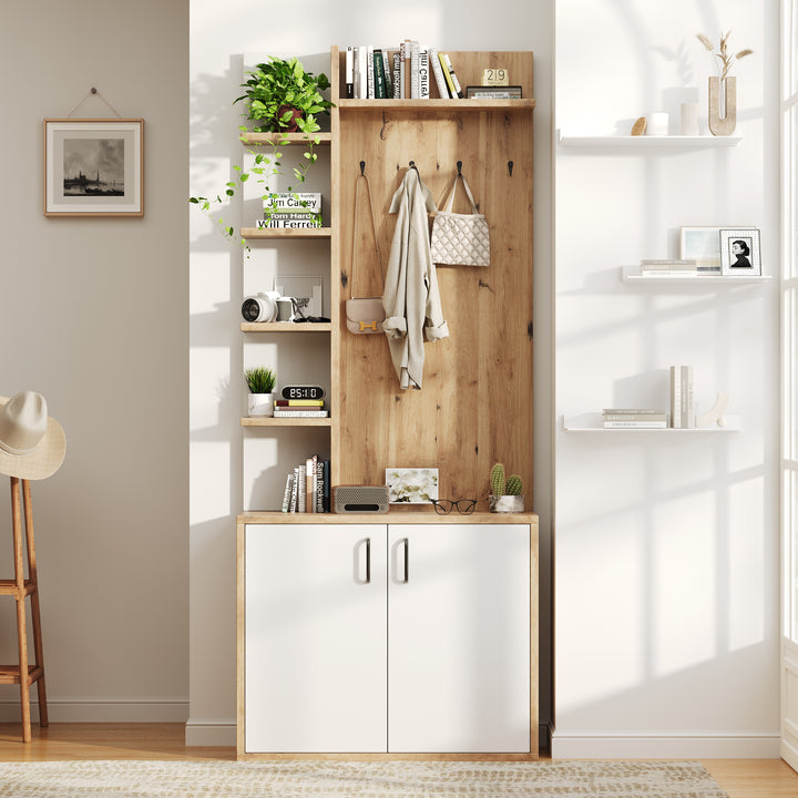 Wooden entryway wardrobes with coat hooks and shoe storage shelves ELYSIUMIS