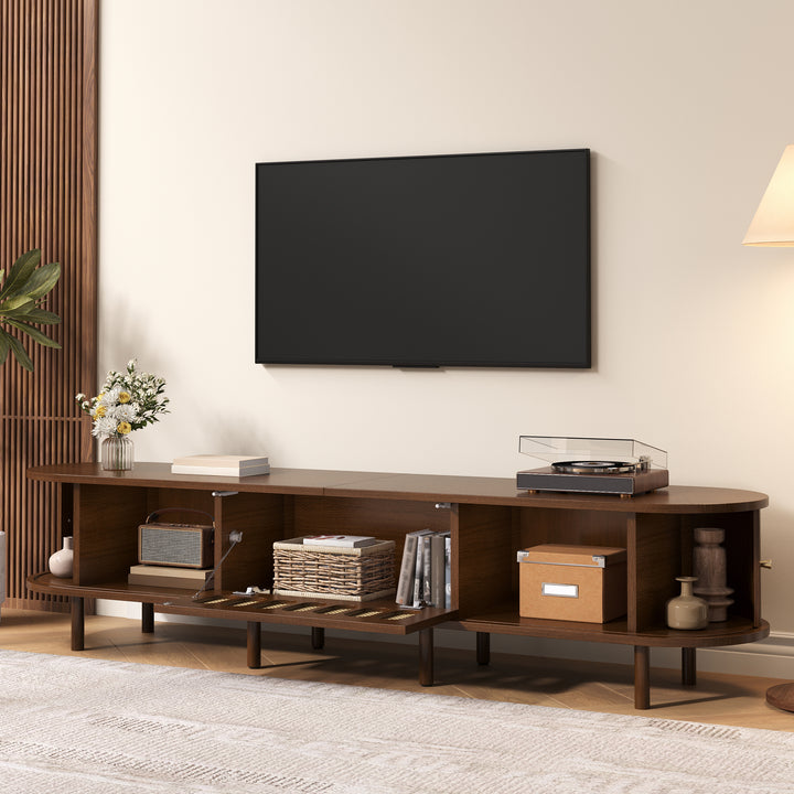 Retro Walnut TV Stand with Rattan-Look and Roll-Up Doors 180 cm VANITYPLACE