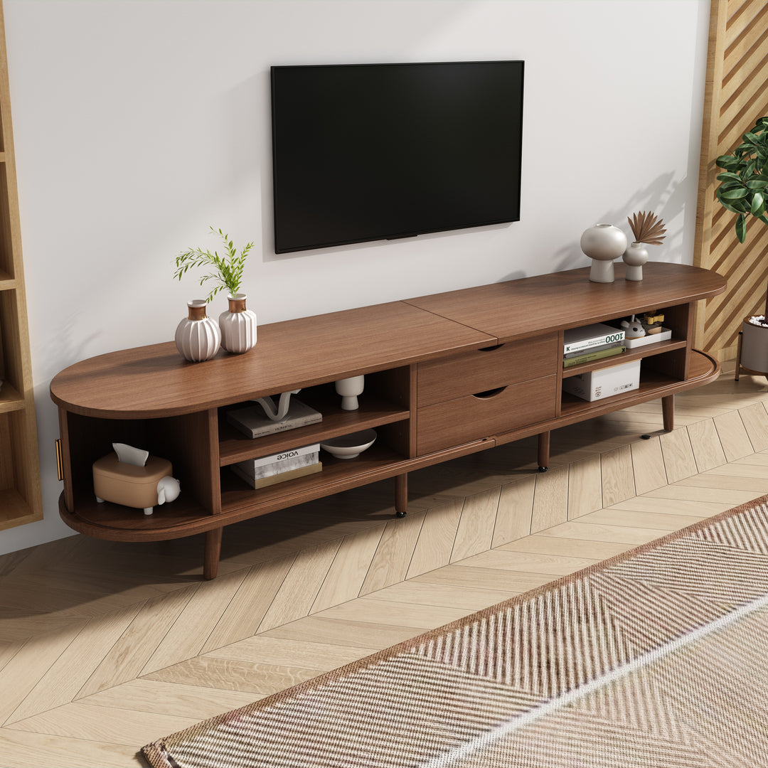 Long oval TV stand retro wooden look with 2 sliding doors 2 drawers HORSETAILJOINT