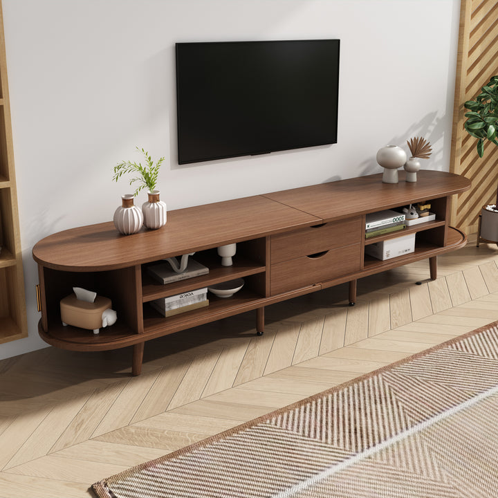 Long oval TV stand retro wooden look with 2 sliding doors 2 drawers HORSETAILJOINT