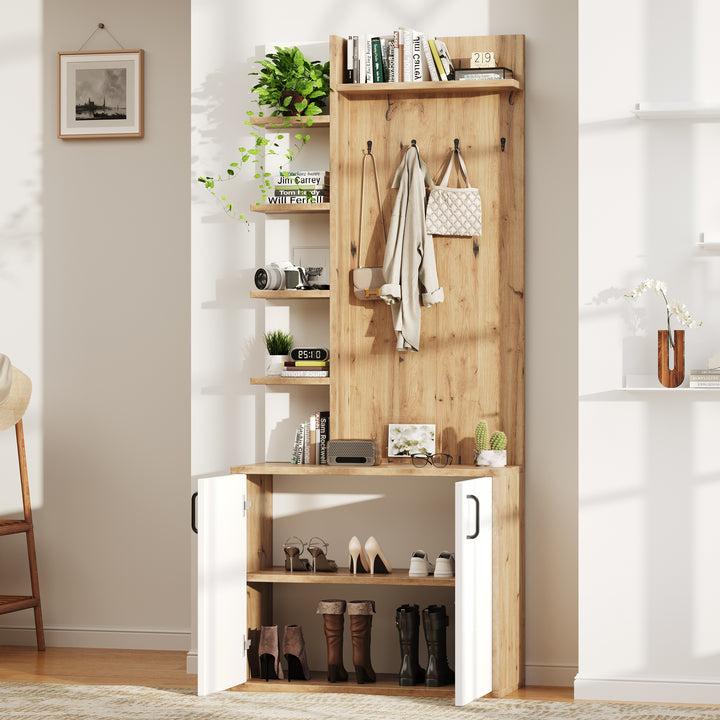 Wooden entryway wardrobes with coat hooks and shoe storage shelves ELYSIUMIS
