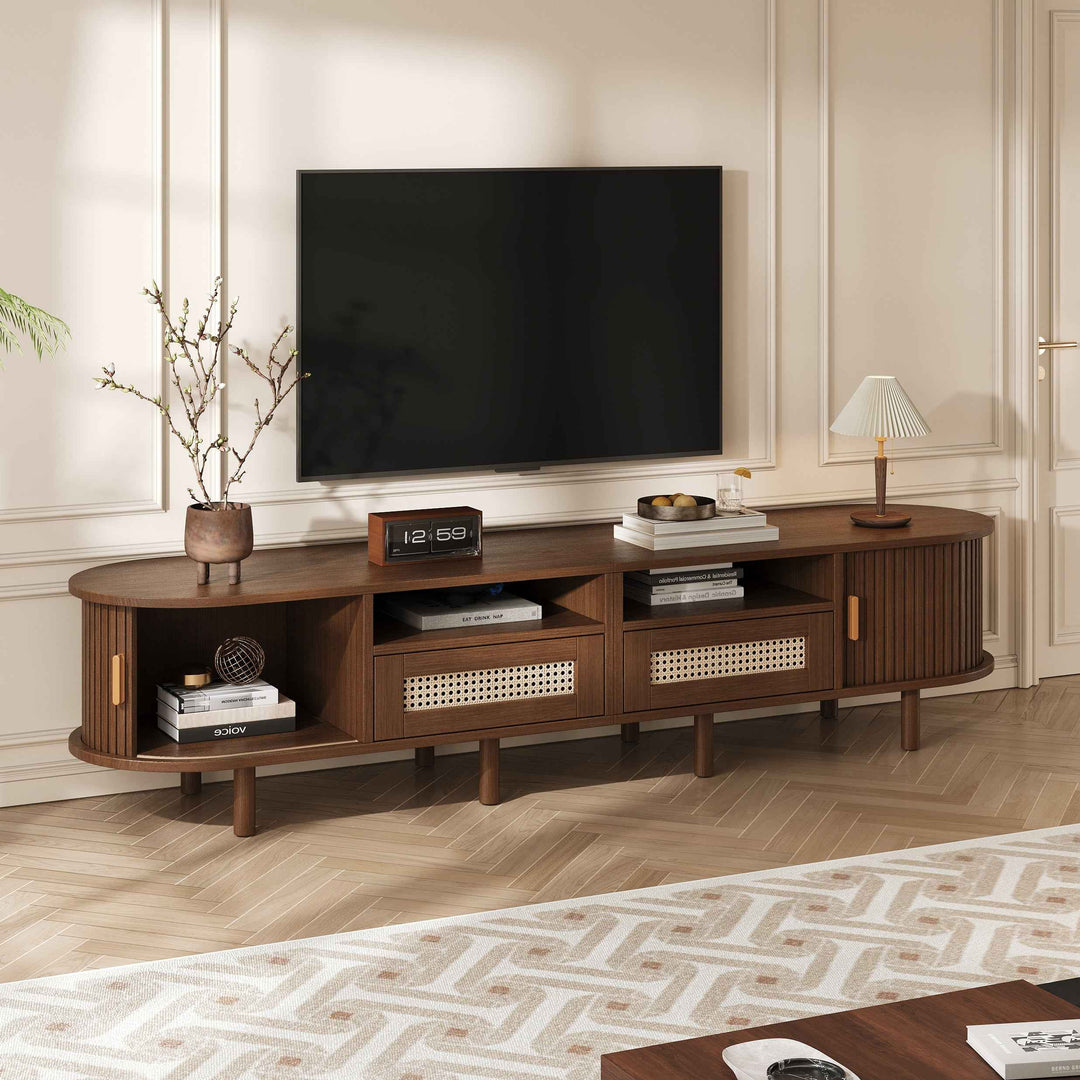 00+TV Stand 170 cmDark Oak with 2 Drawers and Sliding Doors for Living Room VASEGLASS