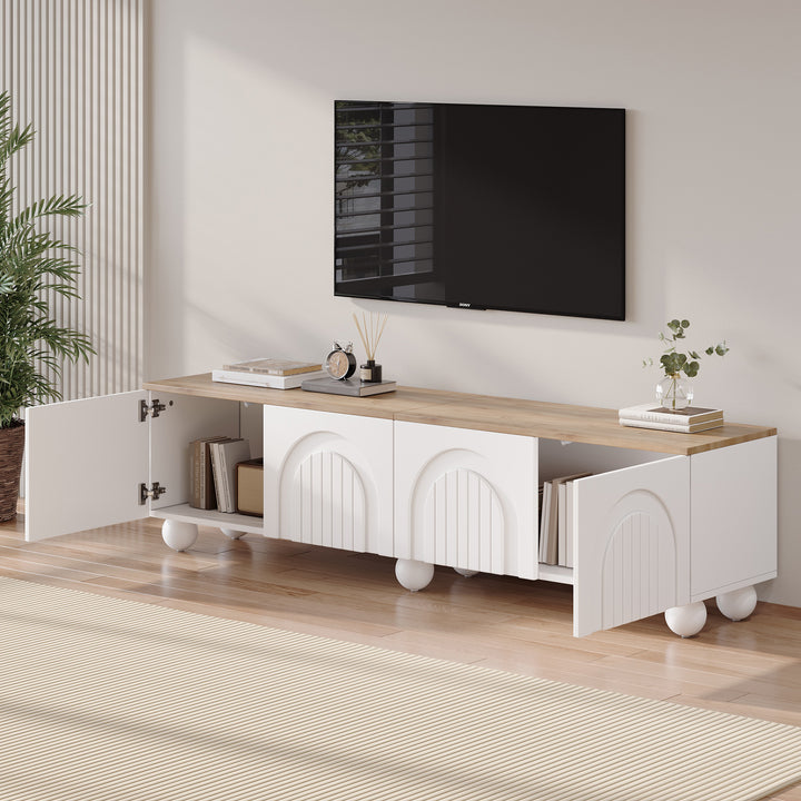 Modern Style White and Oak TV Stand with 4 Doors & Push-Open Storage 180cm WICKERSOFA