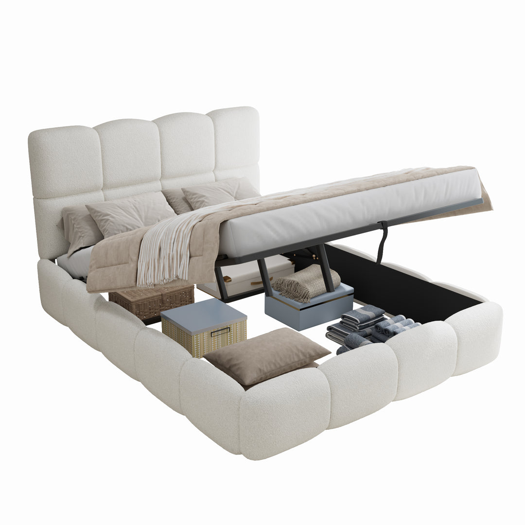 Beige velvet upholstered double ottoman bed 135x190cm QUANTAESIA