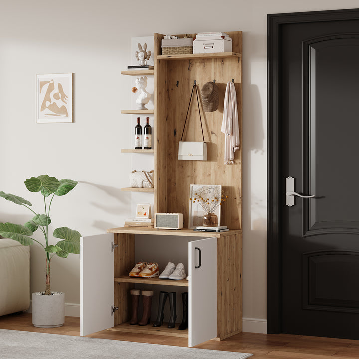 Wooden entryway wardrobes with coat hooks and shoe storage shelves ELYSIUMIS
