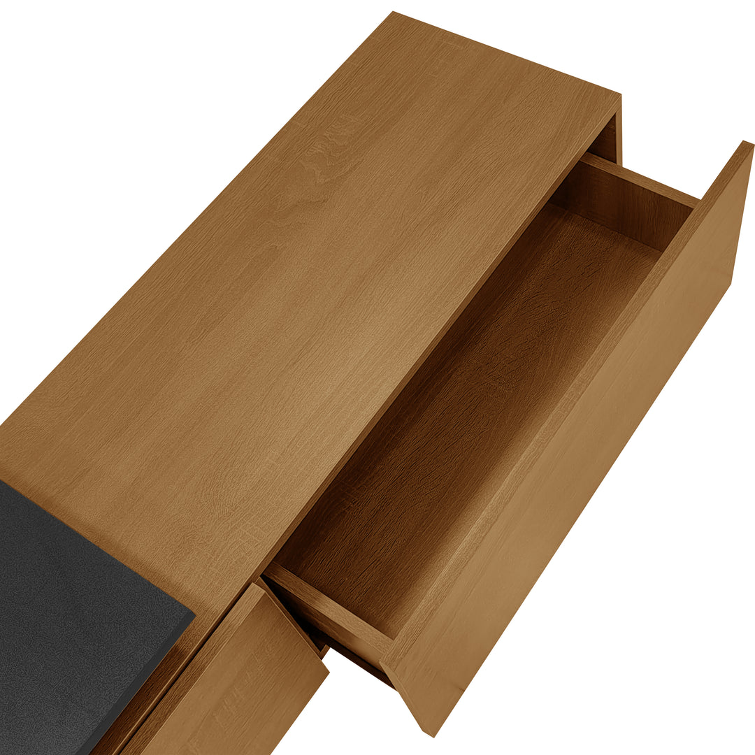 Black wooden finish TV cabinet with glass shelves and LED lighting KNEEJOINT