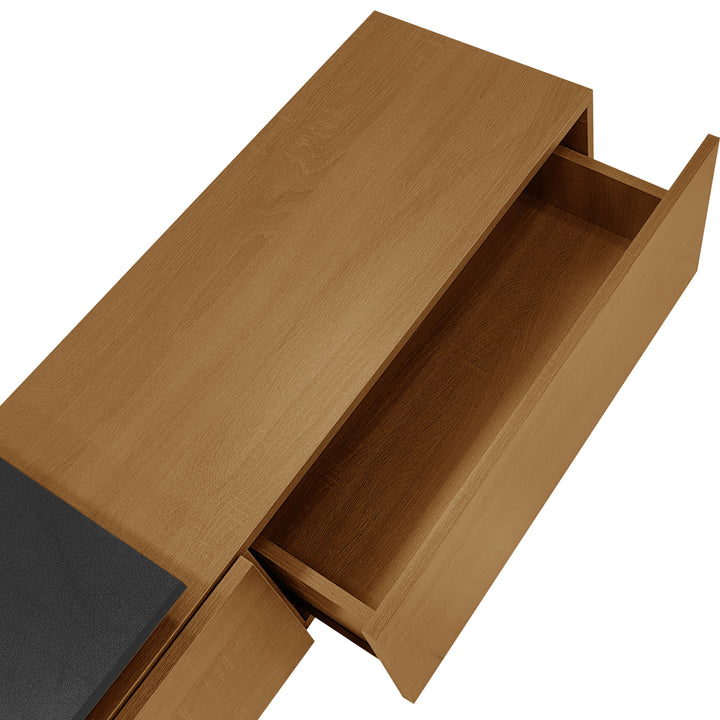 Black wooden finish TV cabinet with glass shelves and LED lighting KNEEJOINT