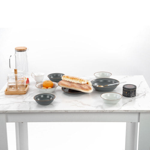 Wooden white dining set, table with faux marble top and 2 benches STALAGMITE