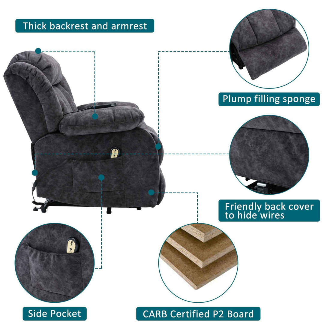 00+Power Massage Lift Recliner Chair for Elderly, Grey Fabric, Heat & Vibration NOVANYX
