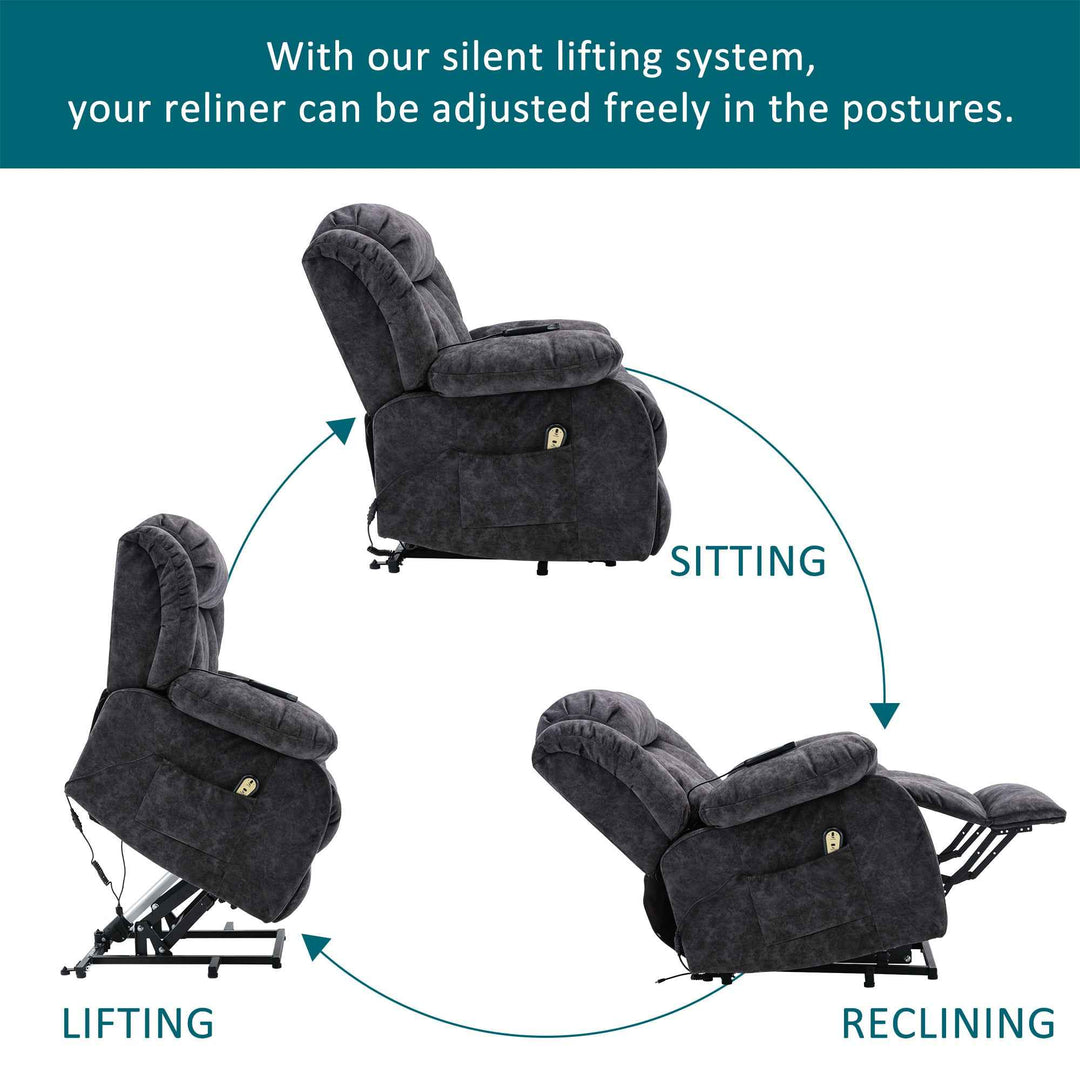 00+Power Massage Lift Recliner Chair for Elderly, Grey Fabric, Heat & Vibration NOVANYX