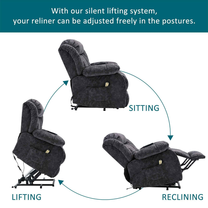 00+Power Massage Lift Recliner Chair for Elderly, Grey Fabric, Heat & Vibration NOVANYX