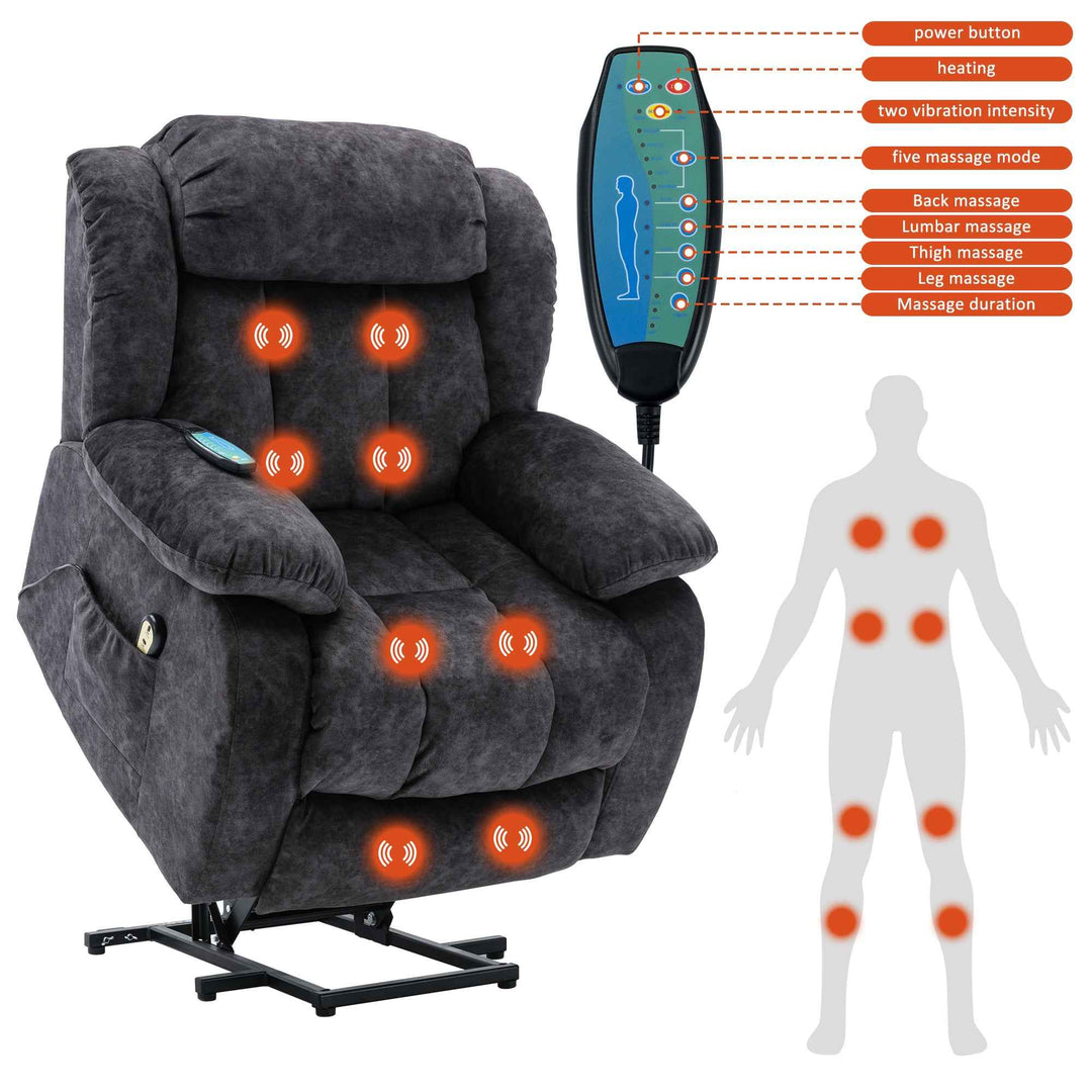 00+Power Massage Lift Recliner Chair for Elderly, Grey Fabric, Heat & Vibration NOVANYX