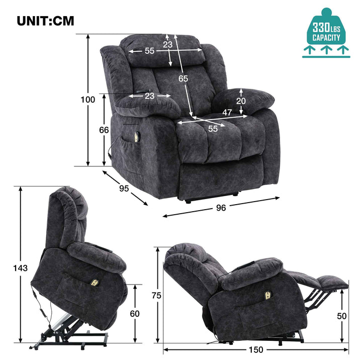 00+Power Massage Lift Recliner Chair for Elderly, Grey Fabric, Heat & Vibration NOVANYX