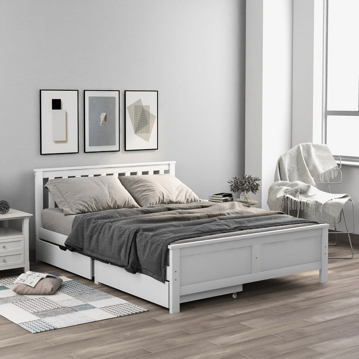 White wooden double bed frame with 2 drawers 190x135cm SCUTEL UK