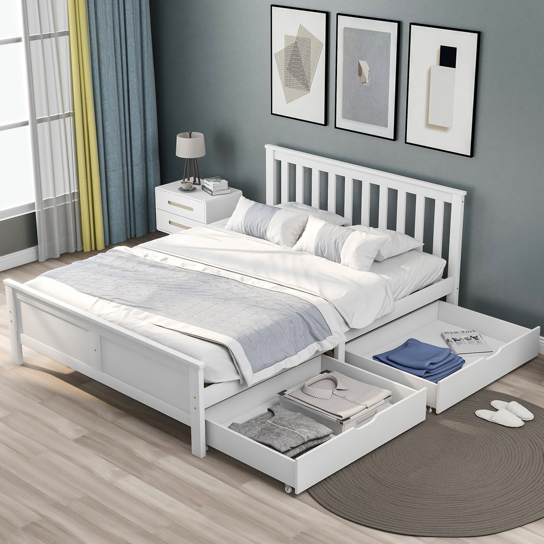 White wooden double bed frame with 2 drawers 190x135cm SCUTEL UK