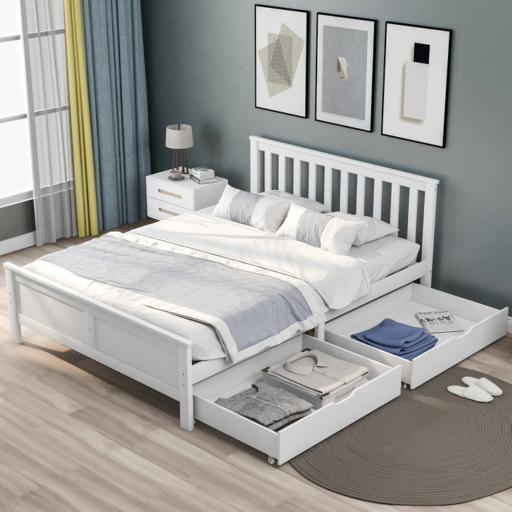 White wooden double bed frame with 2 drawers 190x135cm SCUTEL UK