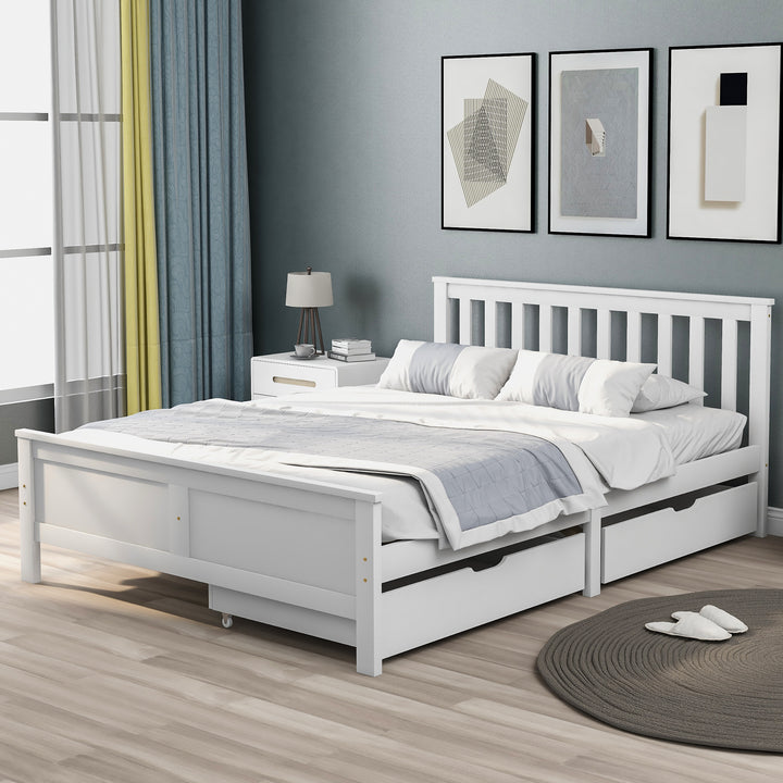 White wooden double bed frame with 2 drawers 190x135cm SCUTEL UK