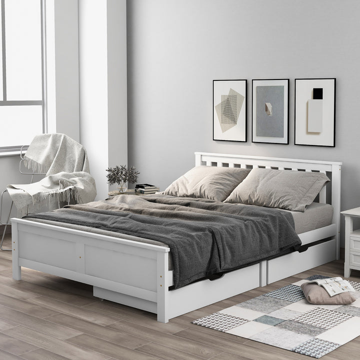 White wooden double bed frame with 2 drawers 190x135cm SCUTEL UK