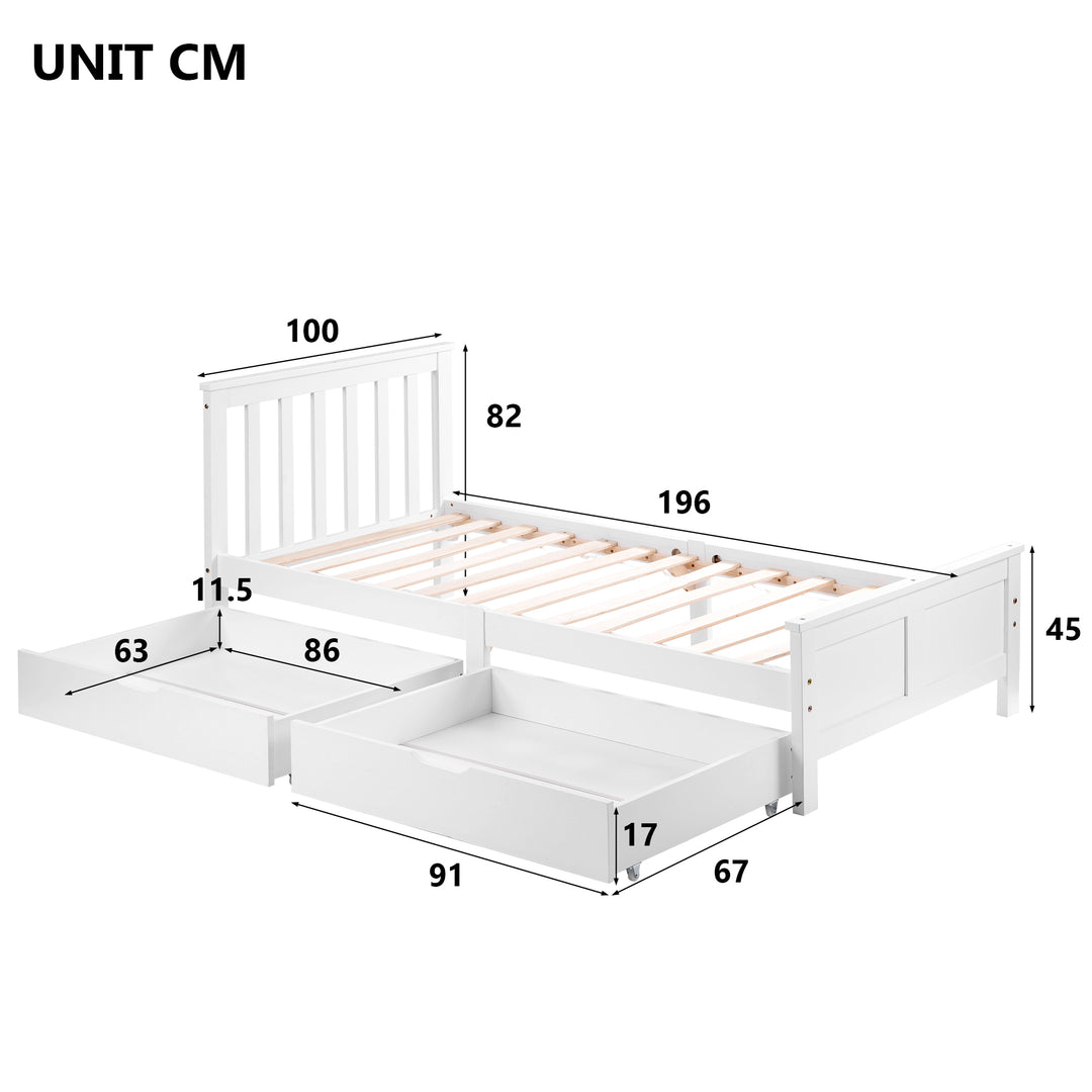 White wooden single bed with 2 drawers (90×190cm) FOOTPRINT