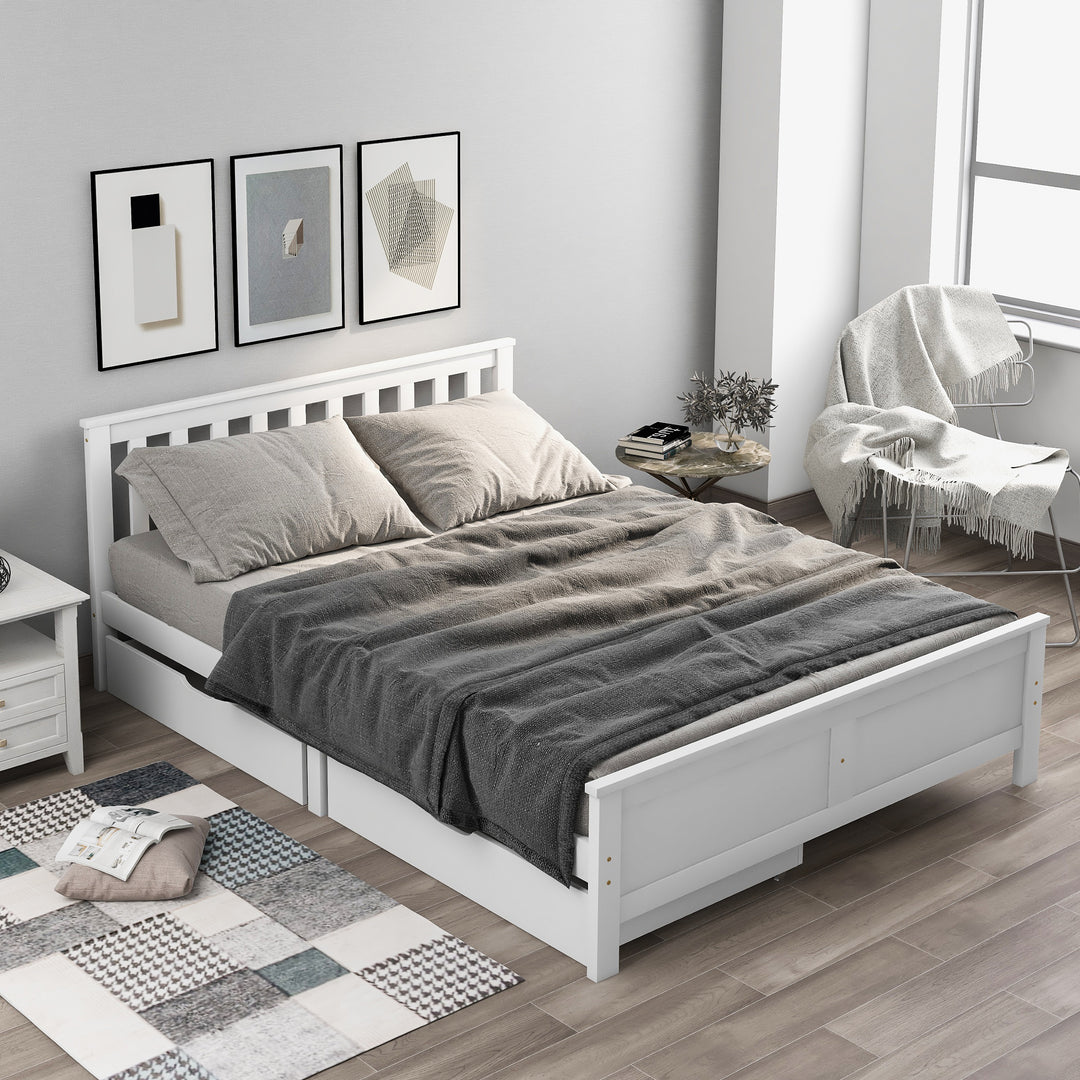 White wooden double bed frame with 2 drawers 190x135cm SCUTEL UK