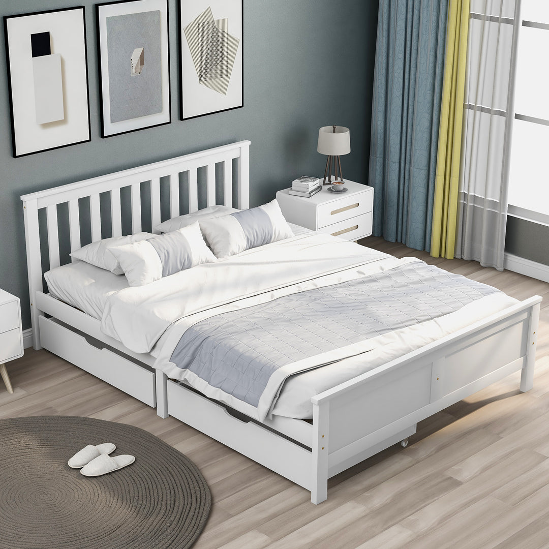 White wooden double bed frame with 2 drawers 190x135cm SCUTEL UK