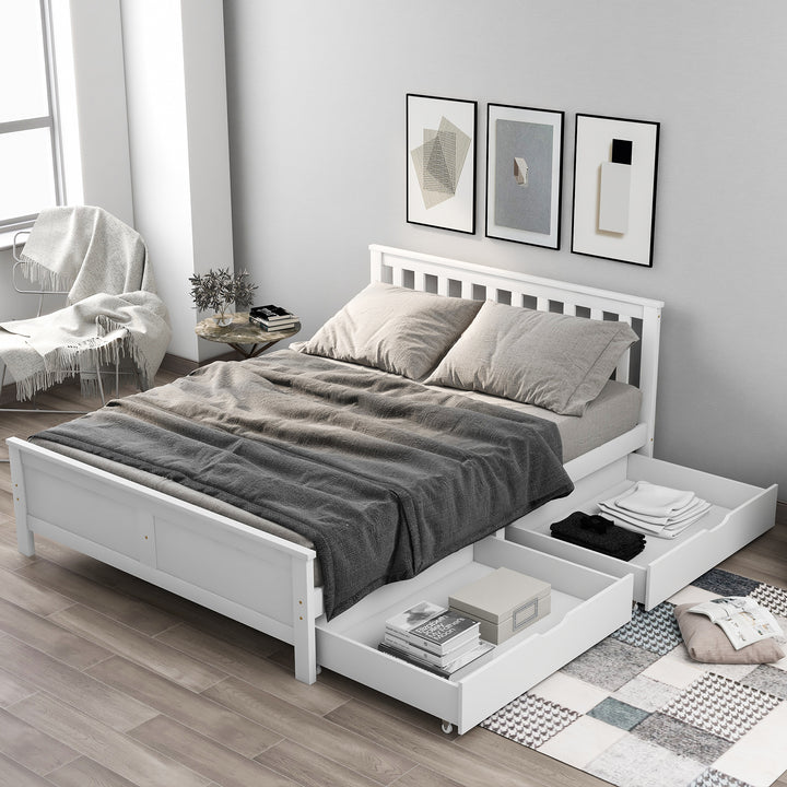 White wooden double bed frame with 2 drawers 190x135cm SCUTEL UK