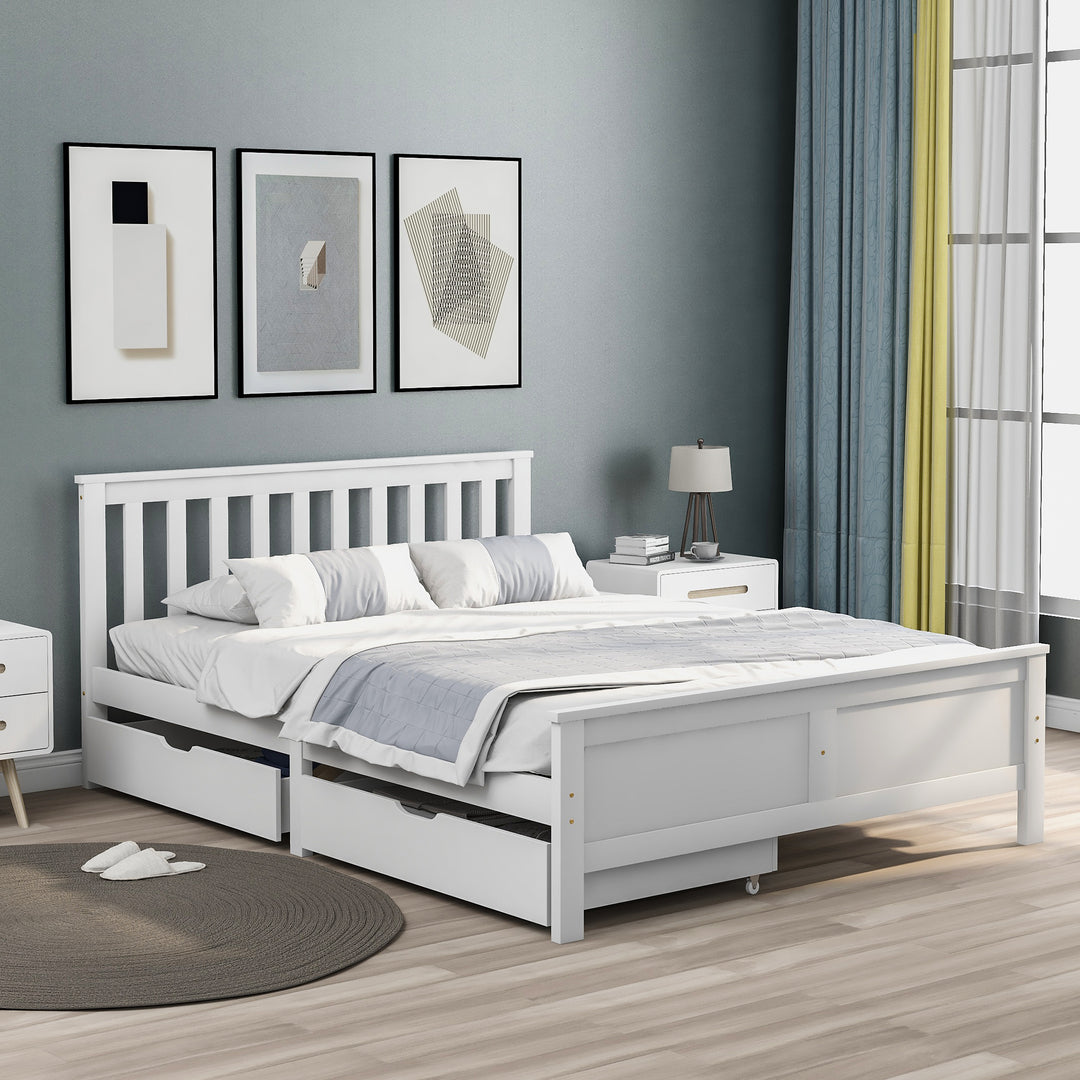 White wooden double bed frame with 2 drawers 190x135cm SCUTEL UK