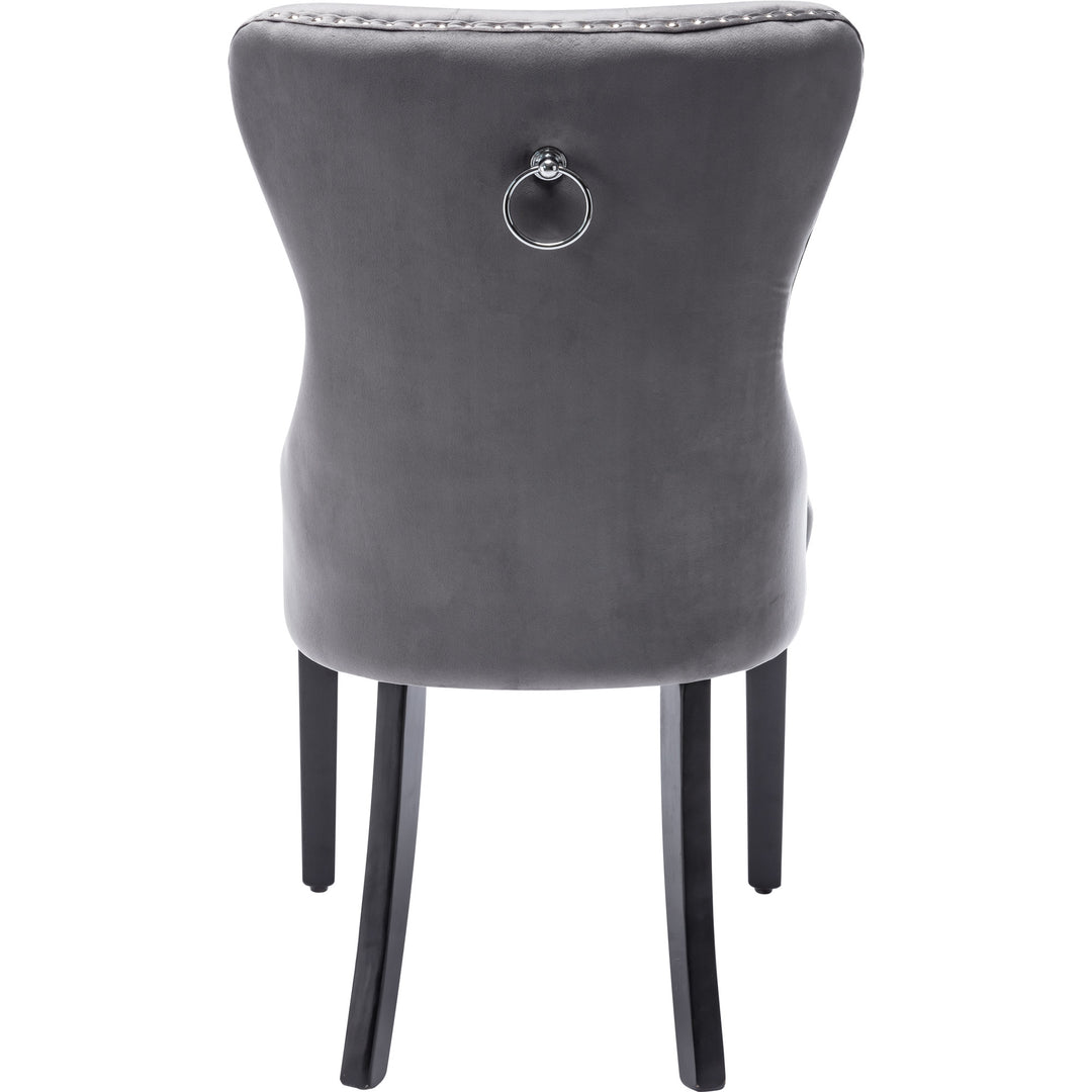 Set of 2 dark grey velvet upholstery button dining chairs with oak black legs with stud LEPROSE