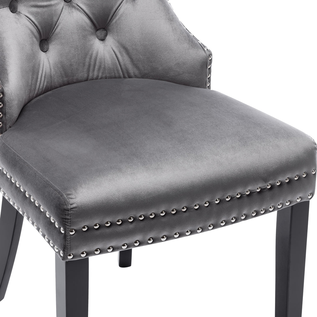 Set of 2 dark grey velvet upholstery button dining chairs with oak black legs with stud LEPROSE