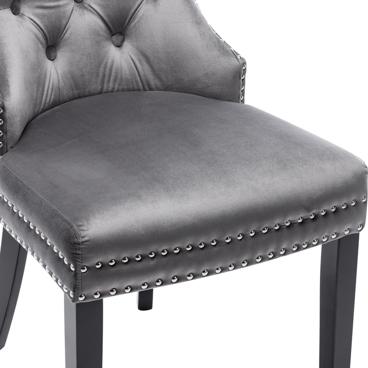 Set of 2 dark grey velvet upholstery button dining chairs with oak black legs with stud LEPROSE