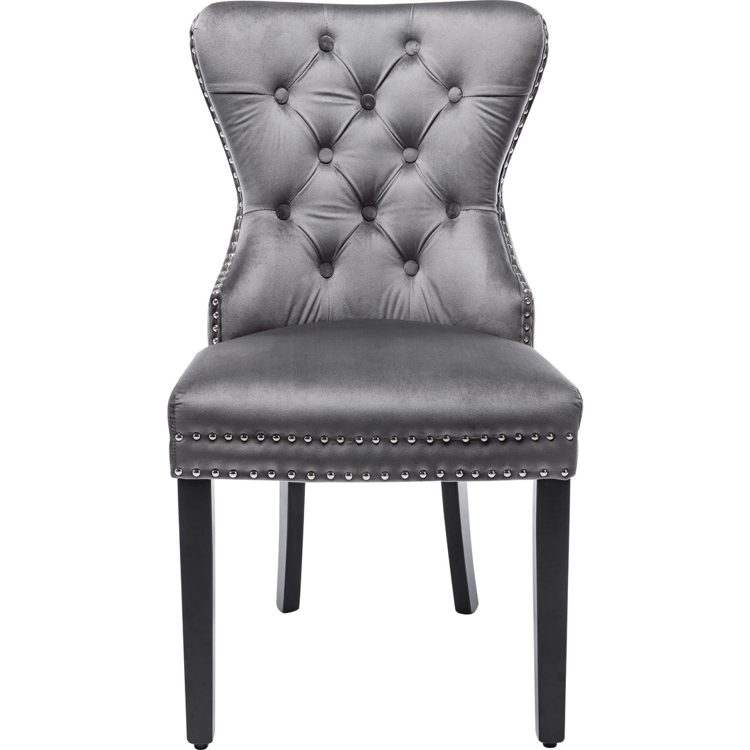 Set of 2 dark grey velvet upholstery button dining chairs with oak black legs with stud LEPROSE