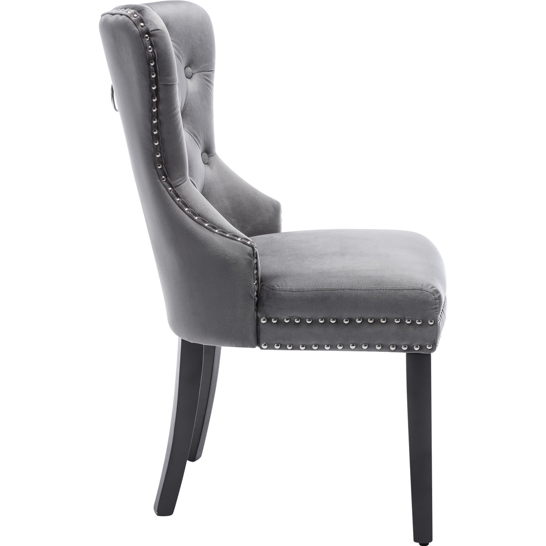 Set of 2 dark grey velvet upholstery button dining chairs with oak black legs with stud LEPROSE
