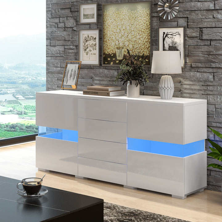 White sideboard 2 doors 4 drawers with LED lights 140*35cm COCOON UK
