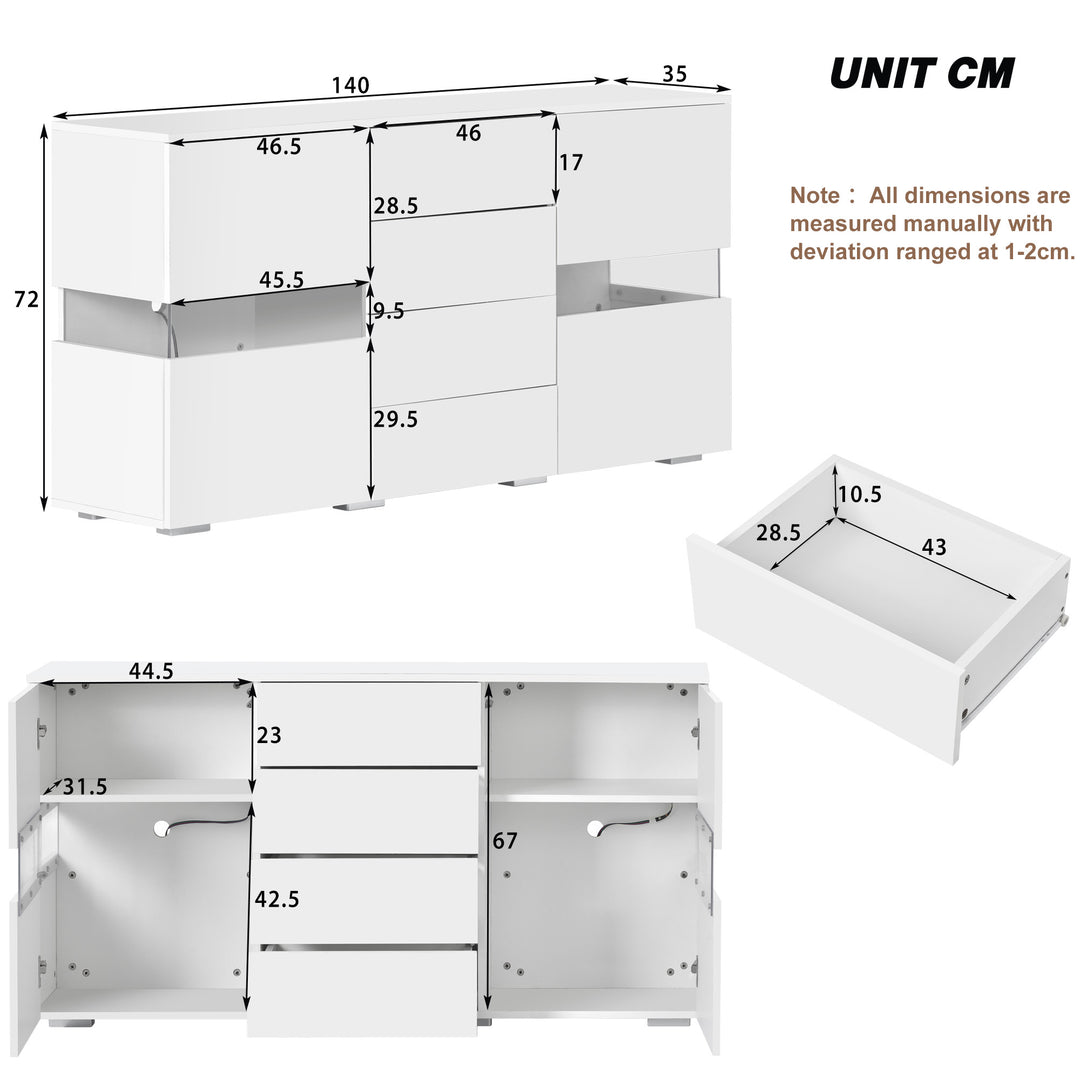 White sideboard 2 doors 4 drawers with LED lights 140*35cm COCOON UK