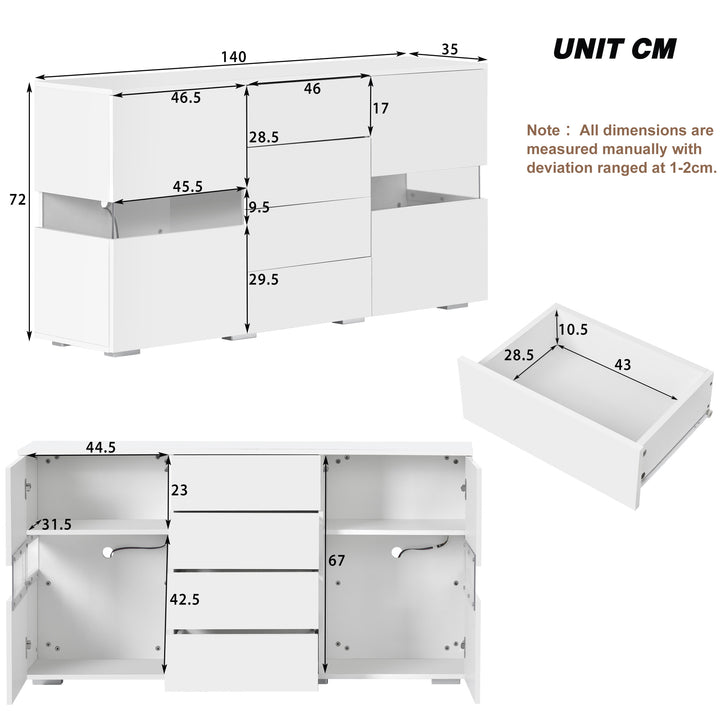 White sideboard 2 doors 4 drawers with LED lights 140*35cm COCOON UK