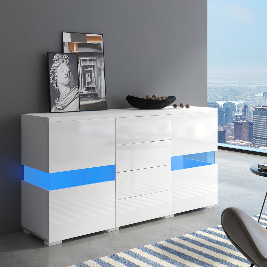 White sideboard 2 doors 4 drawers with LED lights 140*35cm COCOON UK