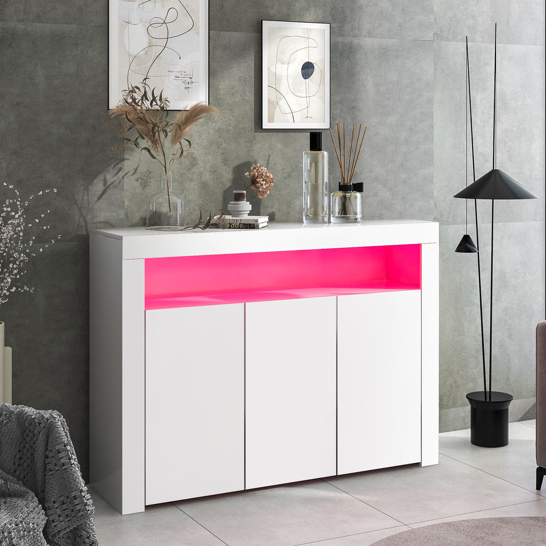 White high gloss sideboard 3 doors with LED lights 130x35x95cm REGOLITH UK