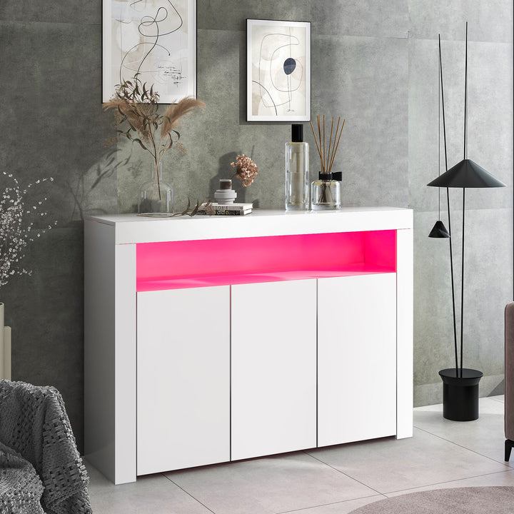 White high gloss sideboard 3 doors with LED lights 130x35x95cm REGOLITH UK