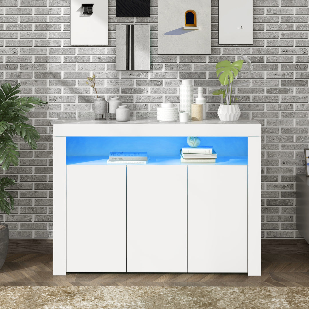 White high gloss sideboard 3 doors with LED lights 130x35x95cm REGOLITH UK
